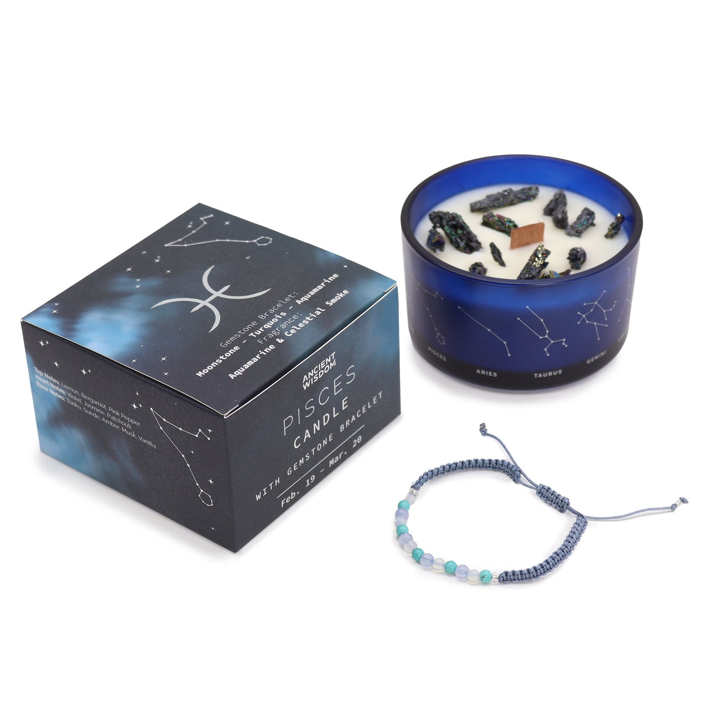 Zodiac Crystal Candle with Gemstone Bracelet - Pisces - The Calm Qi