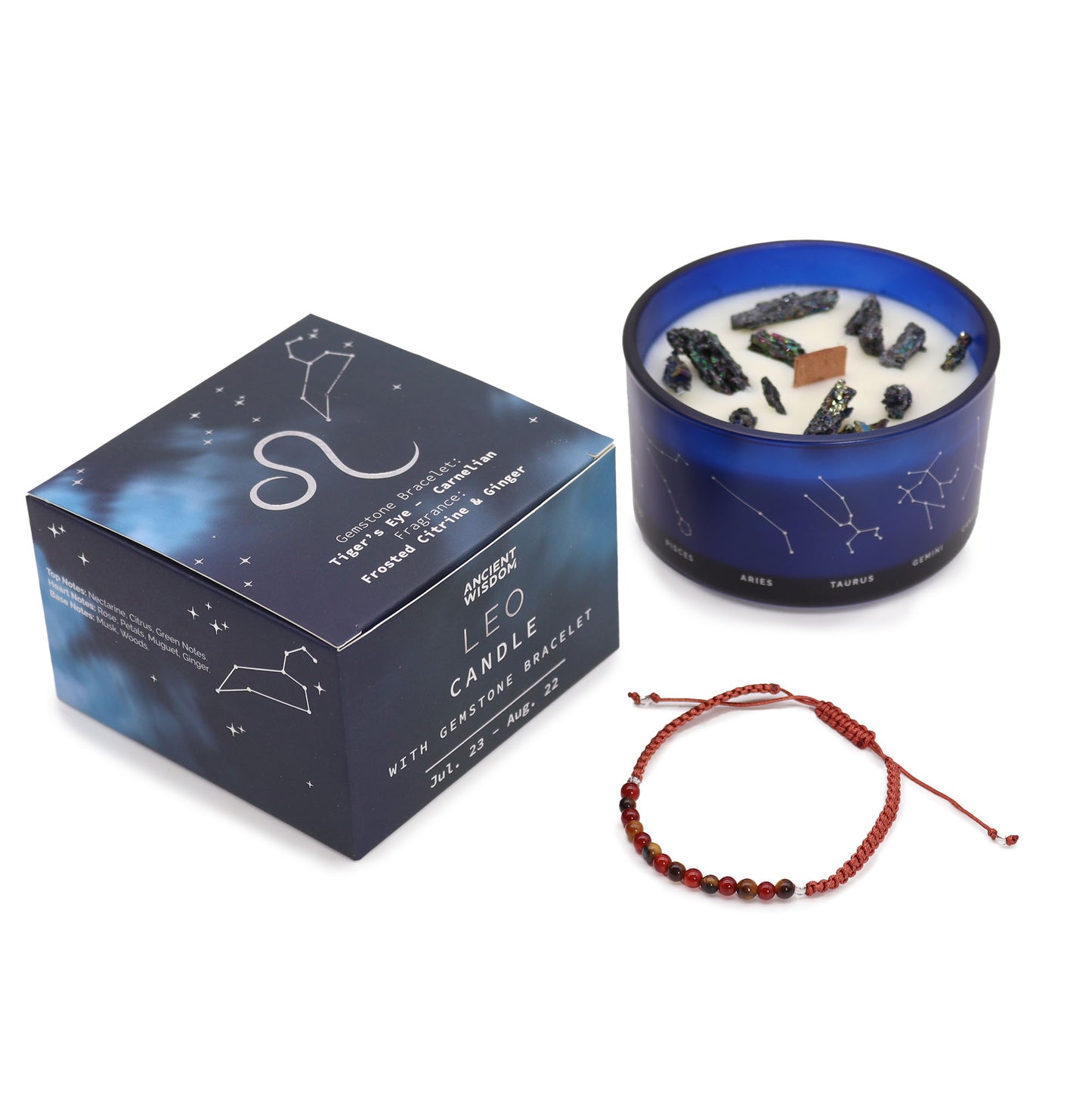 Zodiac Crystal Candle with Gemstone Bracelet - Leo - The Calm Qi