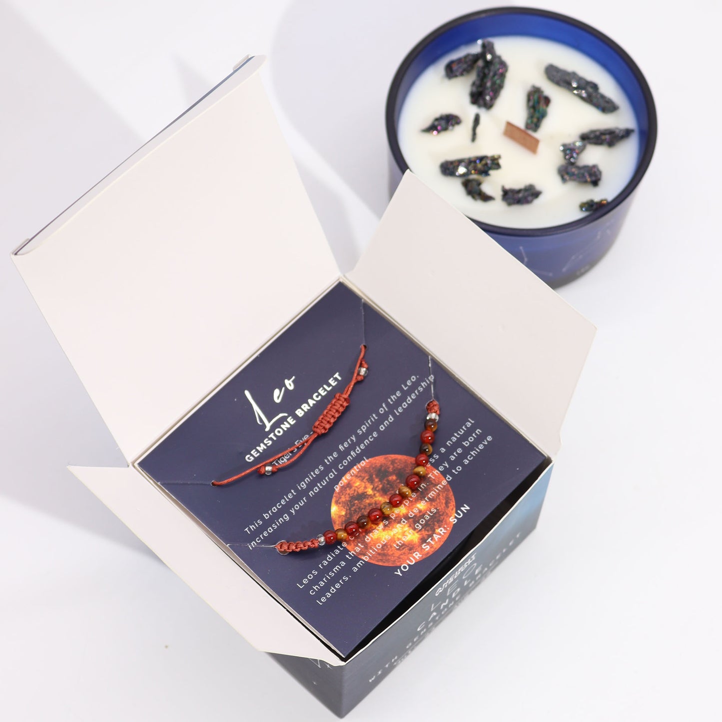Zodiac Crystal Candle with Gemstone Bracelet - Leo - The Calm Qi