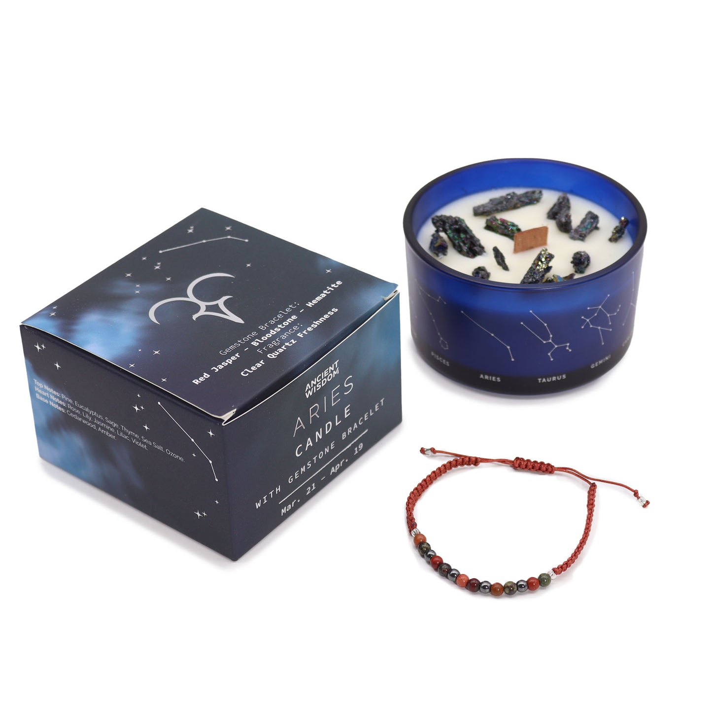 Zodiac Crystal Candle with Gemstone Bracelet - Aries - The Calm Qi