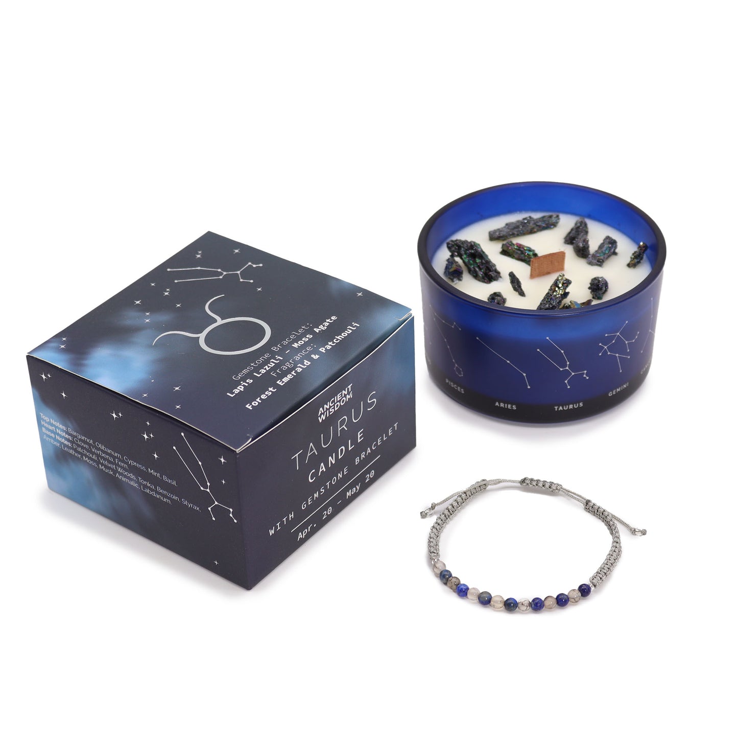 Zodiac Crystal Candle with Gemstone Bracelet - Taurus - The Calm Qi